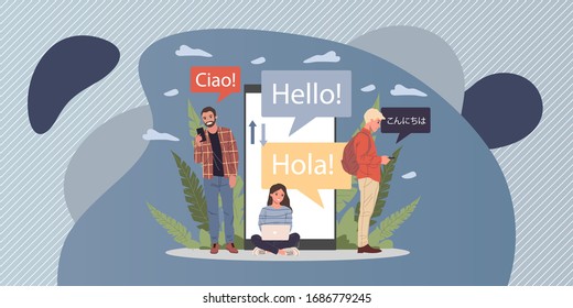 Online multi language translator flat vector illustration. Smartphone with translation app. People learning foreign language via mobile service concept.