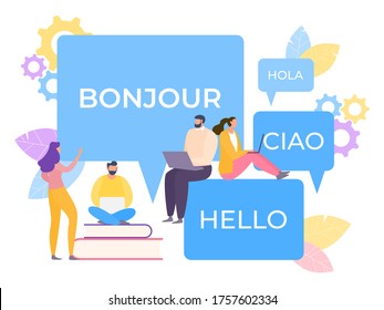 Online multi language translator vector Illustration. Application simplify learning speech. Technology convert social correspondence and texts. International communication people on Internet.