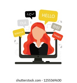 Online multi language translator. Woman on computer talking different languages. Translation app. Vector concept. Technology