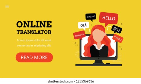 Online multi language translator. Woman on computer talking different languages. Translation app. Landing page template. Modern flat design concept of web page design.