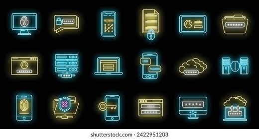 Online multi-factor authentication icons set. Outline set of online multi-factor authentication vector icons neon color on black