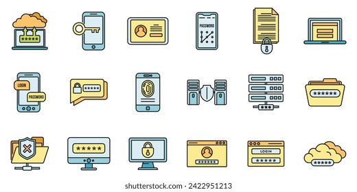 Online multi-factor authentication icons set. Outline set of online multi-factor authentication vector icons thin line color flat on white