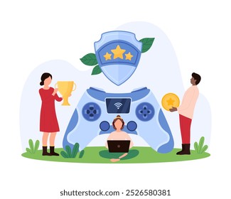 Online multiplayer game tournament, win championship, reward prizes for winner of battle. Tiny people holding gold cup and star for champions challenge at gamepad console cartoon vector illustration