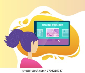 Online museum application. Woman visiting art exhibition with tablet computer at home. Virtual museum and art gallery interactive tour vector illustration. Online education and entertainment.