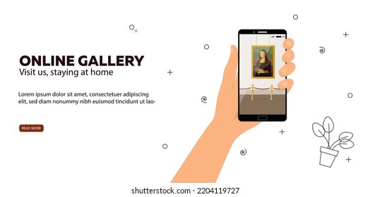 Online museum concept vector banner. A hand holding a cell phone with an app to visit a museum online isolated on a white background. Interactive museum exhibition