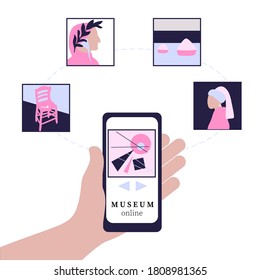 Museo en línea, exposición, 
excursión en smartphone. Visita virtual a la galería de arte. Concepto de turismo web mientras se queda en casa. Ilustración vectorial en estilo plano
