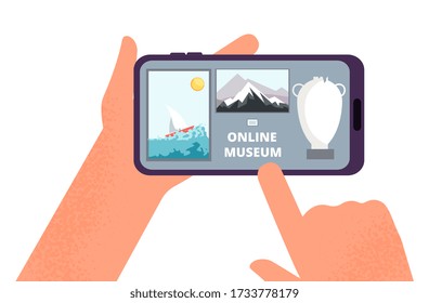 Online Museum. Hands Holding Smartphone With Tour Of Exhibition Of Paintings On Internet. Free Art Gallery App Or Guide Vector Illustration