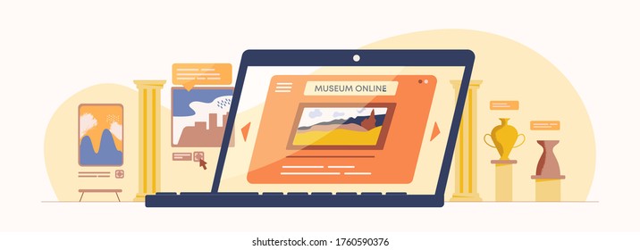 Ilustración en línea del museo. Aplicación web exhibición de antigüedades digitales viendo exposición histórica cultural sin salir de la galería interactiva vectorial de turismo móvil.