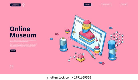 Online Museum Isometric Landing Page. Virtual Exhibition Digital Tour To Art Gallery, Computer Desktop With Modern Masterpiece On Screen. Home Leisure Internet Technology 3d Vector Line Art Web Banner