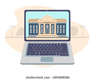 Online Museum In Modern Laptop.   Virtual Museum And Art Gallery Interactive Tour. Online Tourism Art Concept.  Vector Flat Illustration. Design For Landing Page, Banner, Card, Map