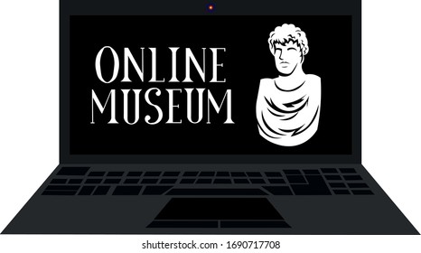 Online Museum. Statue and lettering. Notebook. Sculpture, bust. Stay at home.
