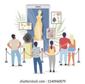 Online Museum Vector. Virtual Gallery With Digital Exhibition, Art Tour. Mobile Screen With History Excursion On Internet. Interactive Phone App For Tourist