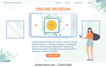 Online museum web banner template. Stay home, interactive gallery, exhibit digital education, mobile excursion, quarantine entertainment concept. Stock vector illustration in flat cartoon style.