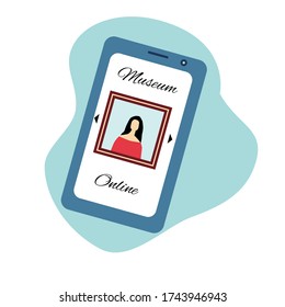 Online museum.Painting via smartphone. Masterpiece. Art exhibition during quarantine. Vector flat design