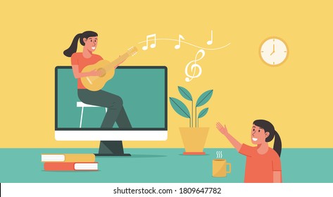 Online Music Class, Online Education Concept, Distance Learning From Home, Female Teacher Show Her Student Guitar Skill Via Video Call On Computer, Flat Vector Illustration