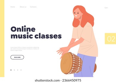 Online music classes landing page design template with woman character musician playing djembe drum