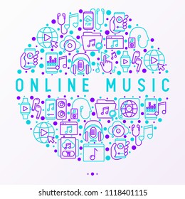 Online music concept in circle with thin line icons: smartphone with mobile app, headphones, earphones, equalizer, speaker, smart watch, microphones. Vector illustration, print media template.