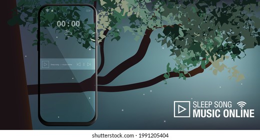 Online music concept song for sleeping or song to use to treat insomnia helping to sleep for a long time Presented by smartphone application with trees and night sky