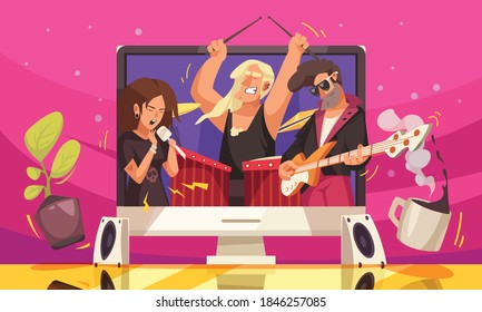 Online music concert flat background with young members of rock music group  on big screen vector illustration