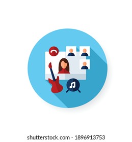 Online music concert flat icon. Meeting together concept.Internet streaming website. Live stream.Social distanced party. Remote public event, jam session.Isolated color vector illustration with shadow