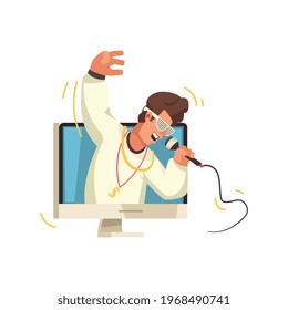 Online music content flat icon with computer monitor and performance of male singer vector illustration