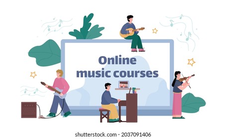 Online music courses and musical instruments play technique learning, flat vector illustration. Website or landing page template for remote music education.