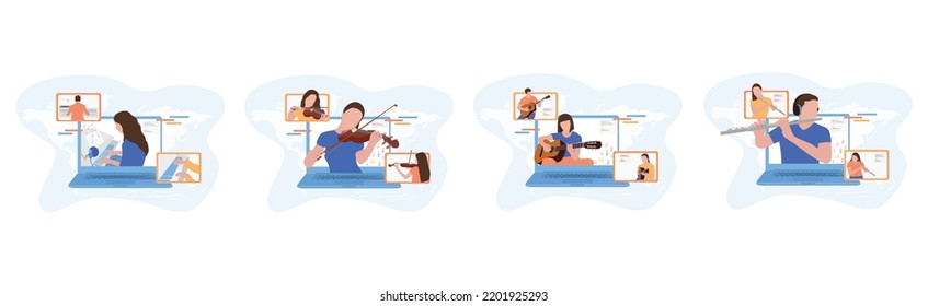 Online music courses. Piano, violin, guitar, side flute lessons. Flat vector illustration set