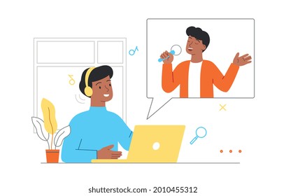 Online Music entertainment concept. Man with headphones sitting at laptop and listening to good music. Singer has released a new track. Cartoon flat vector illustration isolated on a white background
