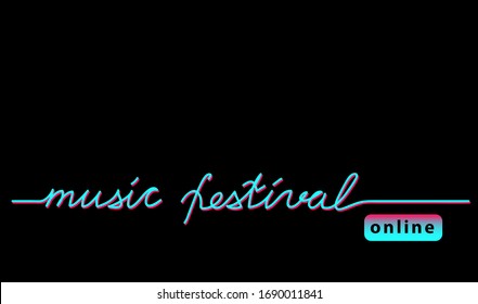 Online music festival black web banner, background with pink and blue colors. Lettering Online concert.