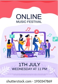 Online Music Festival Concept Poster. People Enjoy Band Performing In Concert Via Internet