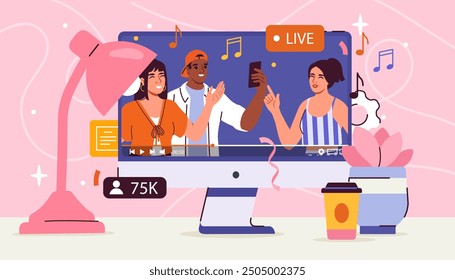Online music festival. Man and woman dancing on computer screen. Live musical performance. Interesting content on social networks and video hostings. Flat vector illustration