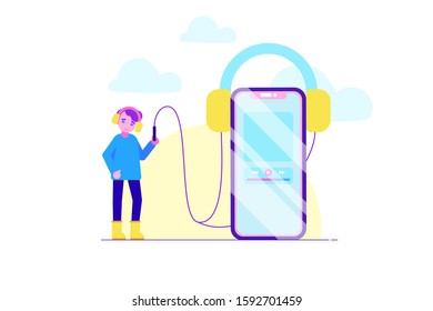 Online music illustration concept. Young man in headphones listening to music with big smartphone. Webinar, online training, radio