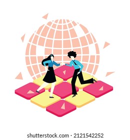 Online music learning app composition with people dancing on drum pads with disco ball silhouette vector illustration