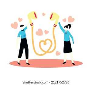 Online music learning app composition with human characters holding wired headphones vector illustration
