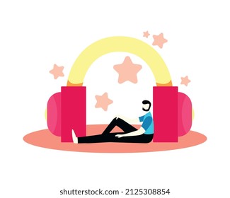 Online music learning app composition with male character and big headphones vector illustration