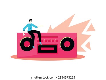 Online music learning app composition with male character sitting on top of boombox player vector illustration