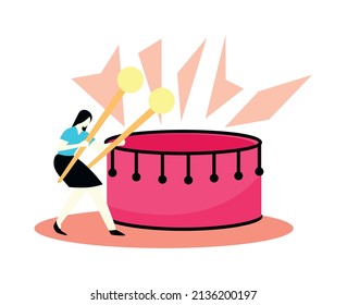 Composición de aplicaciones de aprendizaje de música en línea con personajes femeninos tocando en la ilustración de grandes vectores de tambor