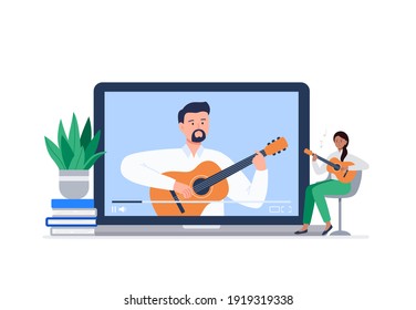 Online music learning concept. Course from professionals, bloggers, musicians. Online education, e-learning, studying at home. Vector flat illustration.