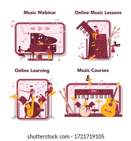 Online music learning set. Young performer playing music with professional equipment. Talented musician playing musical instrumentss. Webinar, lesson, course. Vector illustration.