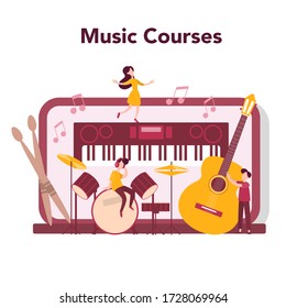 Online music learning. Young performer playing music with professional equipment. Talented musician playing musical instrumentss. Music online course. Vector illustration.