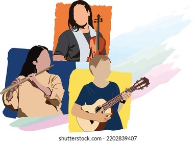 Online Music lesson with three person playing musical instrument in color box isolated on transparent background. Kids playing flute, violin and guitar