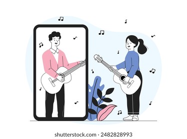 Online music lesson. Woman and man play guitar on smartphone screen. Distance education and training. Guitarists at remote rehearsal. Musicians practice online. Linear vector illustration