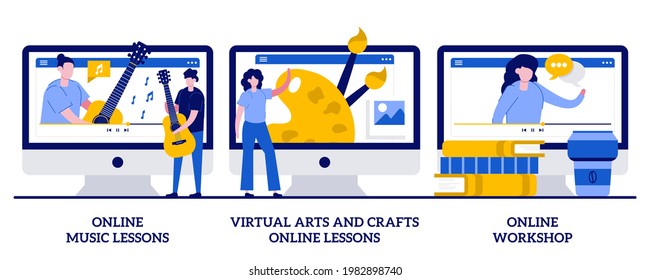 Online music lessons, virtual arts and crafts online lessons, online workshop concept with tiny people. Online education while self-isolation vector illustration set. Free master classes metaphor.