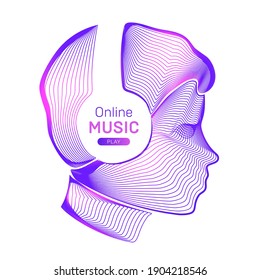 Online music play. Outline vector illustration of human silhouette with wireless headphones in neon line art style isolated on a white background