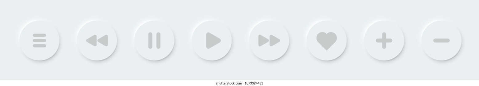 Online music player vector buttons. 3d modern design ui play stop button. Neomorphism graphic interface isolated button set. Video app click icons white background. Playlist control signs.