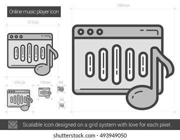 Online music player vector line icon isolated on white background. Online music player line icon for infographic, website or app. Scalable icon designed on a grid system.