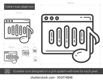 Online music player vector line icon isolated on white background. Online music player line icon for infographic, website or app. Scalable icon designed on a grid system.
