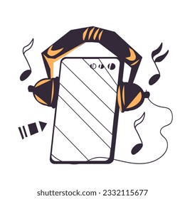 Online music playlist and audio player app emblem, flat vector illustration isolated on background. Smartphone streaming audio player and audio podcast logo banner.