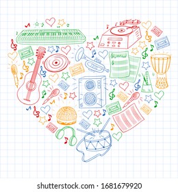 Online music school. Rock, jazz, disco, karaoke. Modern and classic music. Doodle style icons.