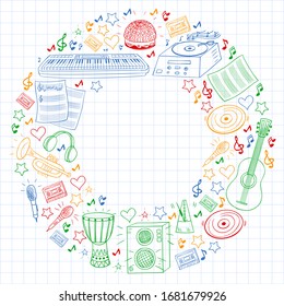 Online music school. Rock, jazz, disco, karaoke. Modern and classic music. Doodle style icons.